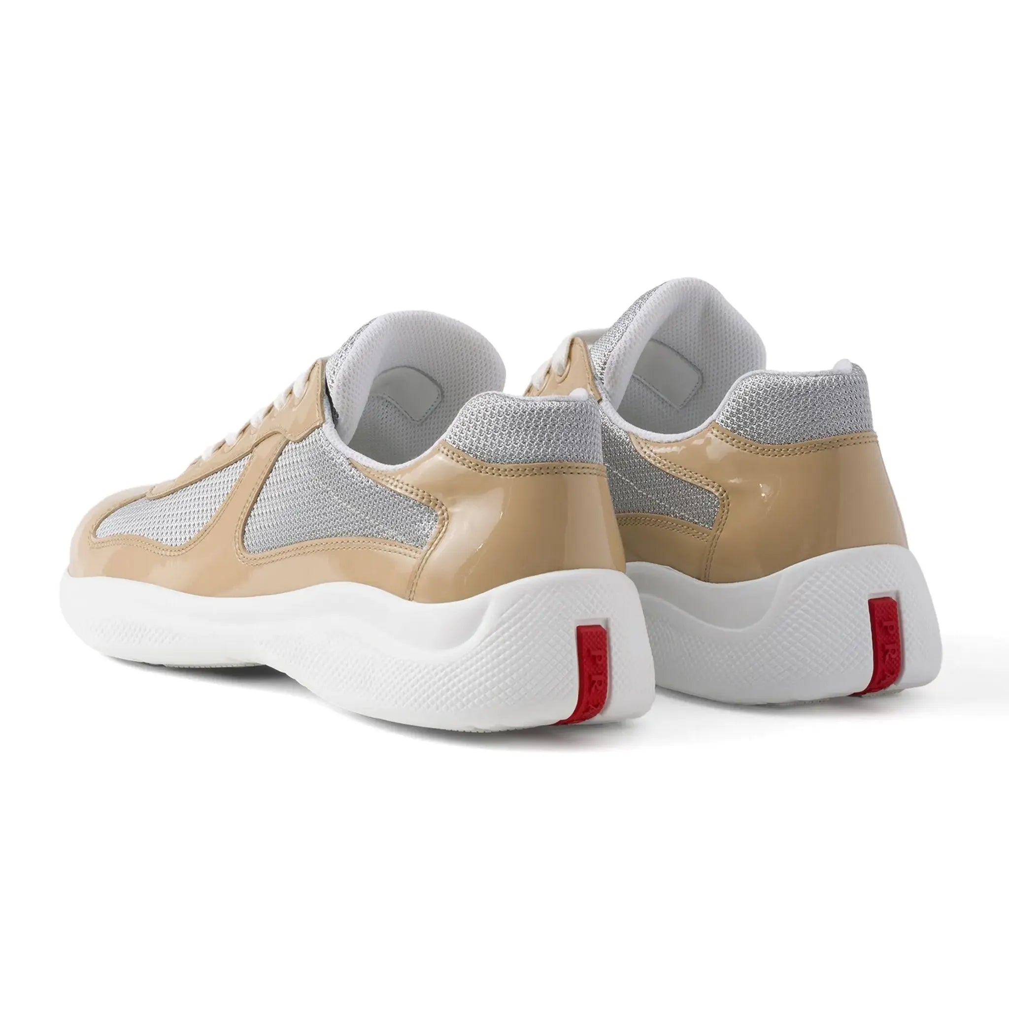 Back Side View of Prada Americas Cup Logo Patch Patent Beige Sneaker 4E3400_F_G000_ASZ_F0G0R